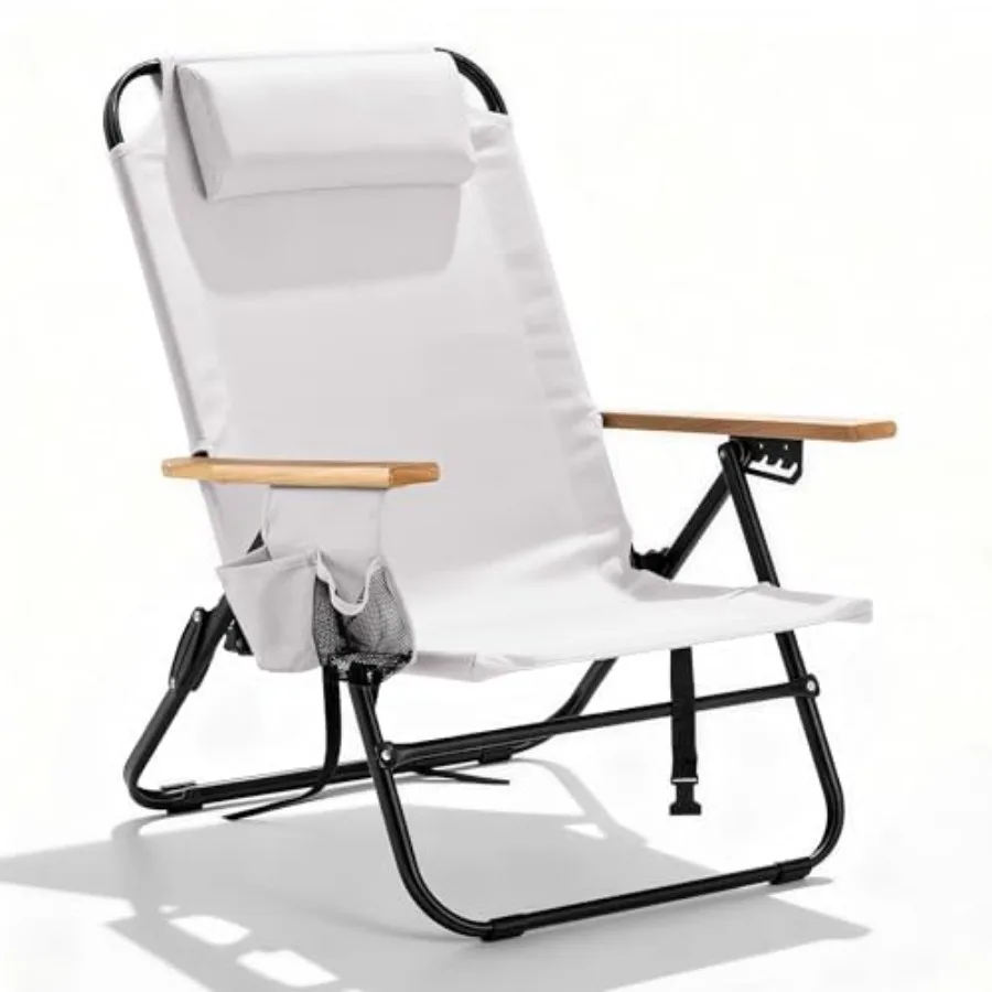 Portable camping chair for outdoor use, cream white polyester fabric with wooden armrests, 5-position reclining, lightweight fo
Portable camping chair for outdoor use, cream white polyester fabric with wooden armrests, 5-position reclining, lightweight fo