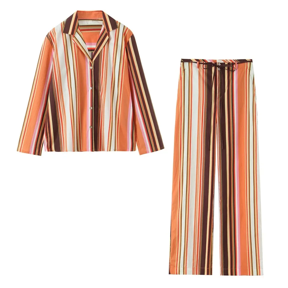 2025 New Striped Pajama Style Lapel Open Front Shirt Flared Pants Two Piece Set Multi Color Options Drawstring Waistband Design
2025 New Striped Pajama Style Lapel Open Front Shirt Flared Pants Two Piece Set Multi Color Options Drawstring Waistband Design