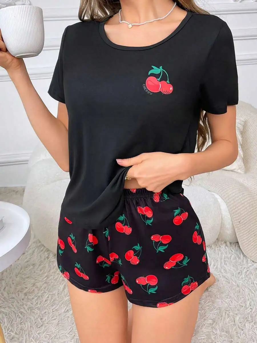 Cherry Print Short Sleeve Pajama Set For Women
Cherry Print Short Sleeve Pajama Set For Women