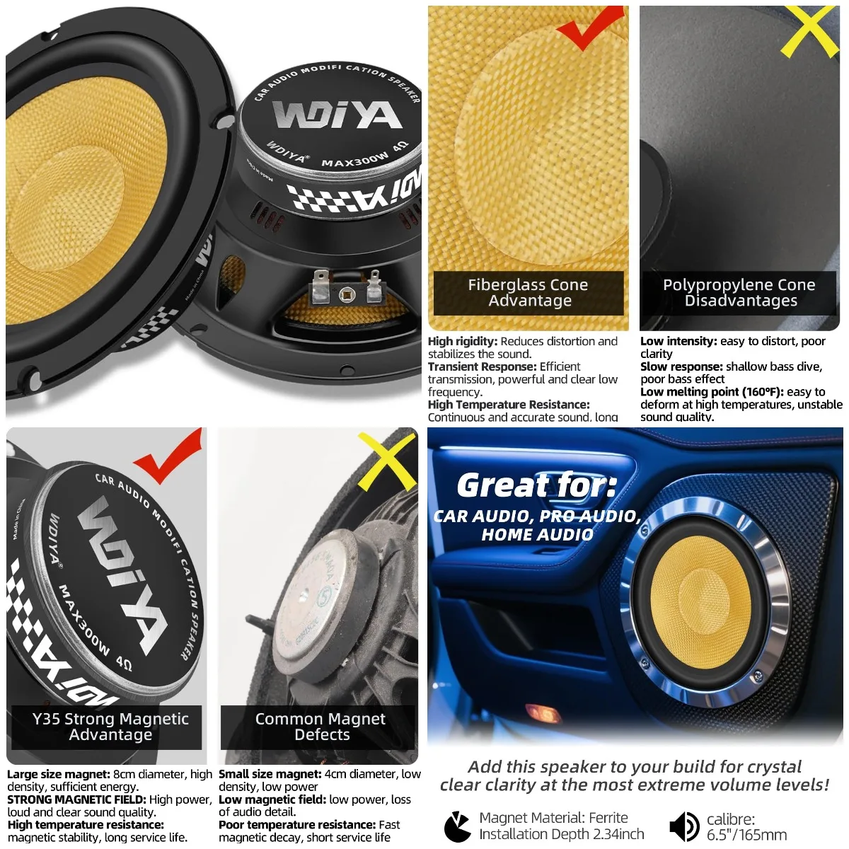 6,5-дюймовые автомобильные колонки, 300 Вт, пик, 4 Ом, конус из стекловолокна для глубоких басов и четкого звука
6,5-дюймовые автомобильные колонки, 300 Вт, пик, 4 Ом, конус из стекловолокна для глубоких басов и четкого звука