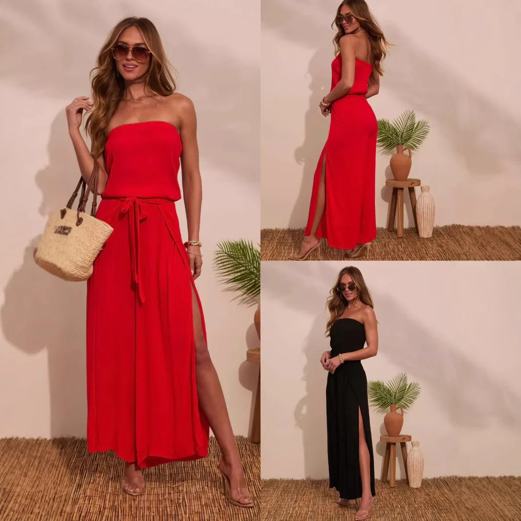 2025 Spring/Summer New Women's Jumpsuit with A One Neck Long Cut and Slit Style, Solid Color Sleeveless Camisole Pants
2025 Spring/Summer New Women's Jumpsuit with A One Neck Long Cut and Slit Style, Solid Color Sleeveless Camisole Pants