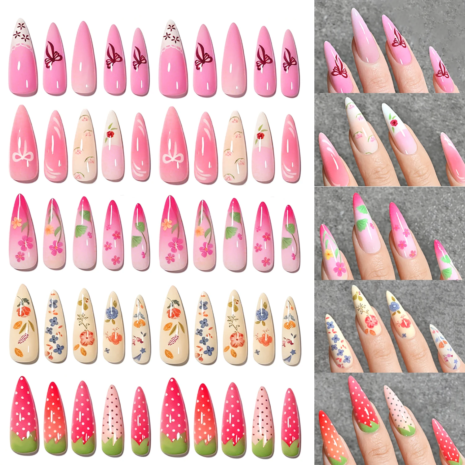 120PCS 5 Styles Mixed Almond Press On Nails Pink Floral & Strawberry Pattern Fake Nails Bow & Butterfly False Nails Daily Wear *
120PCS 5 Styles Mixed Almond Press On Nails Pink Floral & Strawberry Pattern Fake Nails Bow & Butterfly False Nails Daily Wear *
