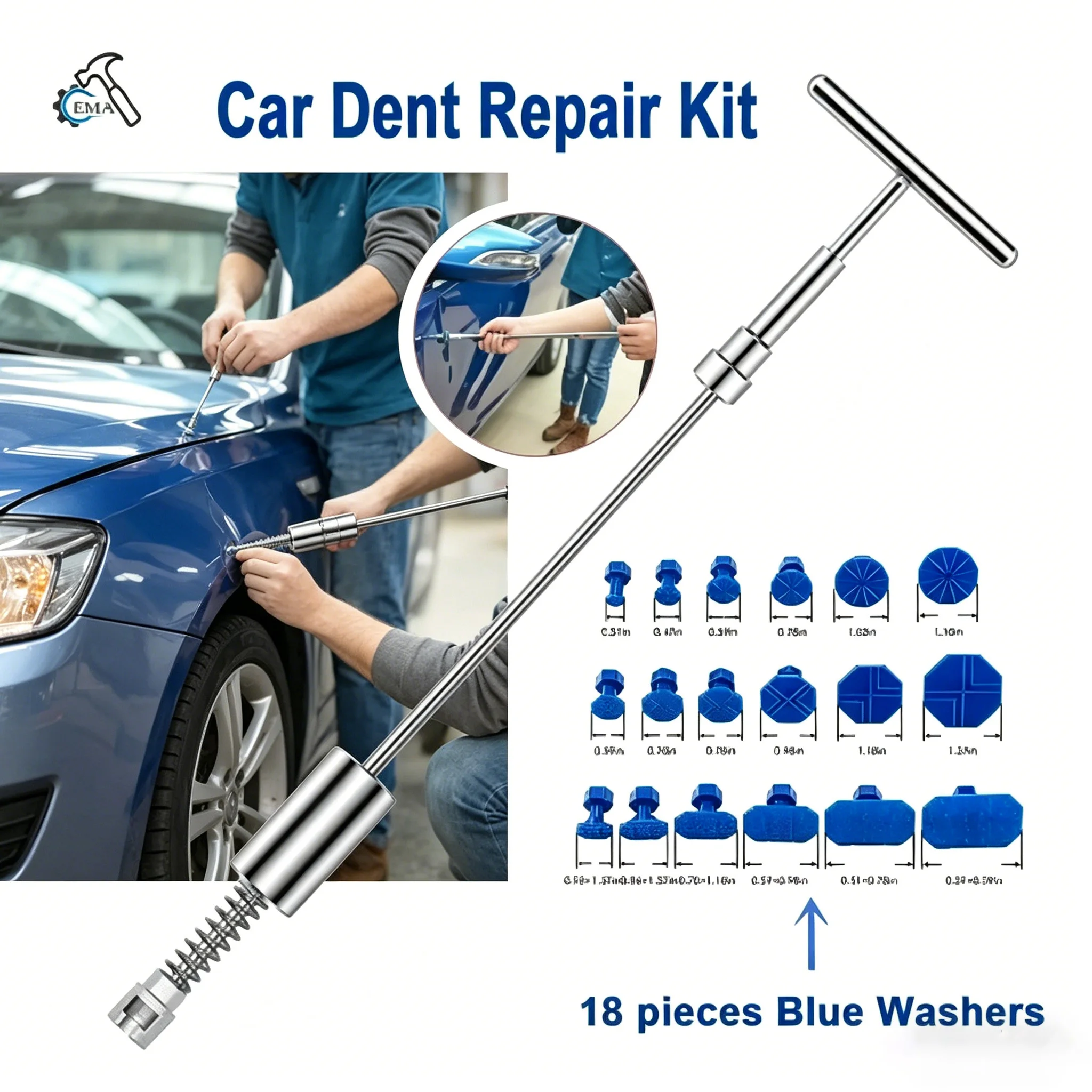 18-Piece Dent Puller Kit – Slide Hammer + Reverse Hammer + Glue Puller Multiple Options for Car Puller
18-Piece Dent Puller Kit – Slide Hammer + Reverse Hammer + Glue Puller Multiple Options for Car Puller