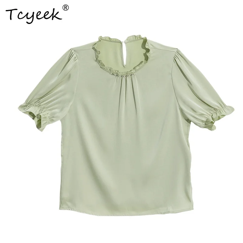 Tcyeek 100% Real Mulberry Silk T Shirts Woman High End Elegant Lotus Leaf Sleeves Round Neck Mint Green Women T-shirts Top Mujer
Tcyeek 100% Real Mulberry Silk T Shirts Woman High End Elegant Lotus Leaf Sleeves Round Neck Mint Green Women T-shirts Top Mujer
