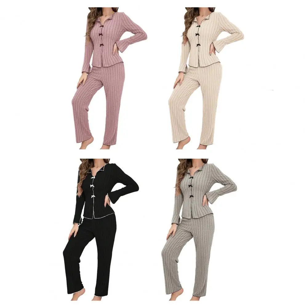 Y2K Cute Striped Ribbed Pajama Set Womens Long Sleeve V Neck Two Piece Sleepwear Homewear Autumn Winter Bow Lettuce Trim New Hot 
Y2K Cute Striped Ribbed Pajama Set Womens Long Sleeve V Neck Two Piece Sleepwear Homewear Autumn Winter Bow Lettuce Trim New Hot