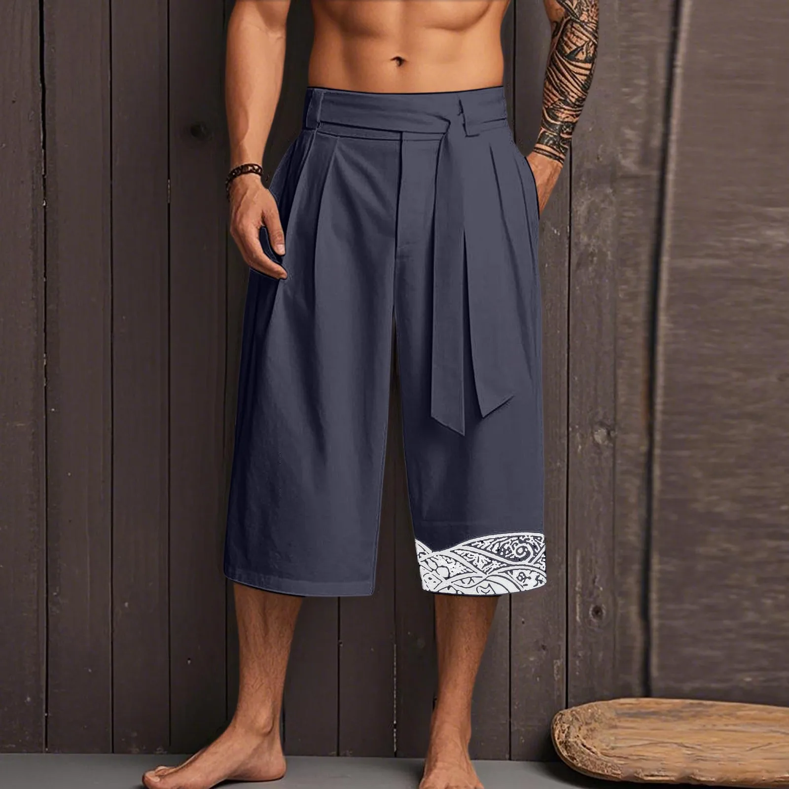 Summer Japanese Linen Cropped Pants Men's Retro Style Belted Wide Leg Capris Trousers Summer Ethnic Print Hip Hop Mans Pants
Summer Japanese Linen Cropped Pants Men's Retro Style Belted Wide Leg Capris Trousers Summer Ethnic Print Hip Hop Mans Pants