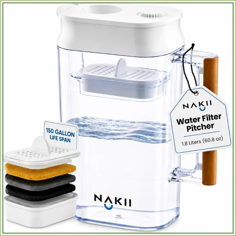 1.8L Water Filter Pitcher - 150 Gallons Long Life, Fast Filtration, Removes Chlorine & Metals, WQA Certified
1.8L Water Filter Pitcher - 150 Gallons Long Life, Fast Filtration, Removes Chlorine & Metals, WQA Certified