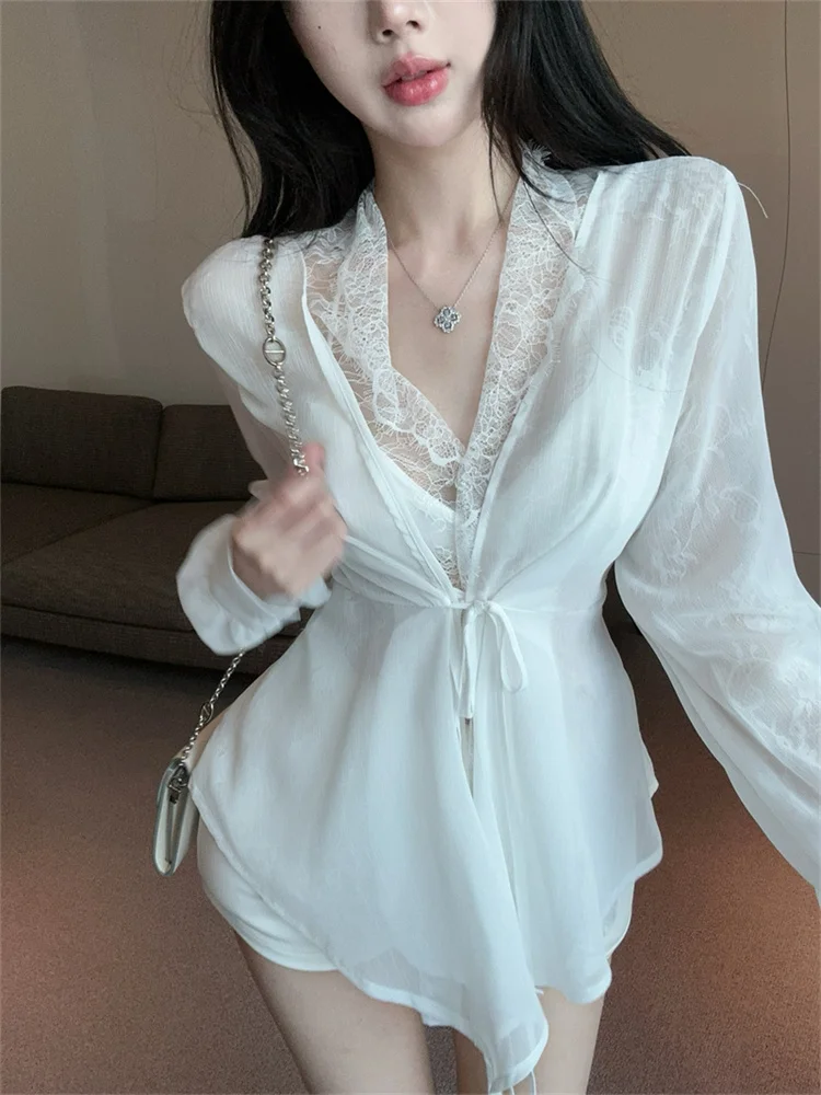 Sexy Women's White Shirts Stylish Fake Two Pieces Lace Up Chiffon Tops 2025 Spring New V-neck Lace Patchwork Summer Clothing
Sexy Women's White Shirts Stylish Fake Two Pieces Lace Up Chiffon Tops 2025 Spring New V-neck Lace Patchwork Summer Clothing