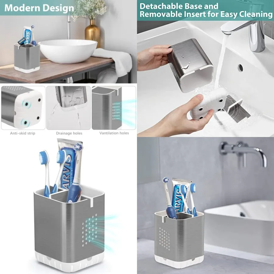 Toothbrush Holder Toothpaste Organizer Drainage for Bathroom Vanity, Detachable Anti-Slip Brushed Nickel Toothpaste Storage Caddy 3 Slots with Drainage Holes for Makeup Brush Razor Stand
Toothbrush Holder Toothpaste Organizer Drainage for Bathroom Vanity, Detachable Anti-Slip Brushed Nickel Toothpaste Storage Caddy 3 Slots with Drainage Holes for Makeup Brush Razor Stand