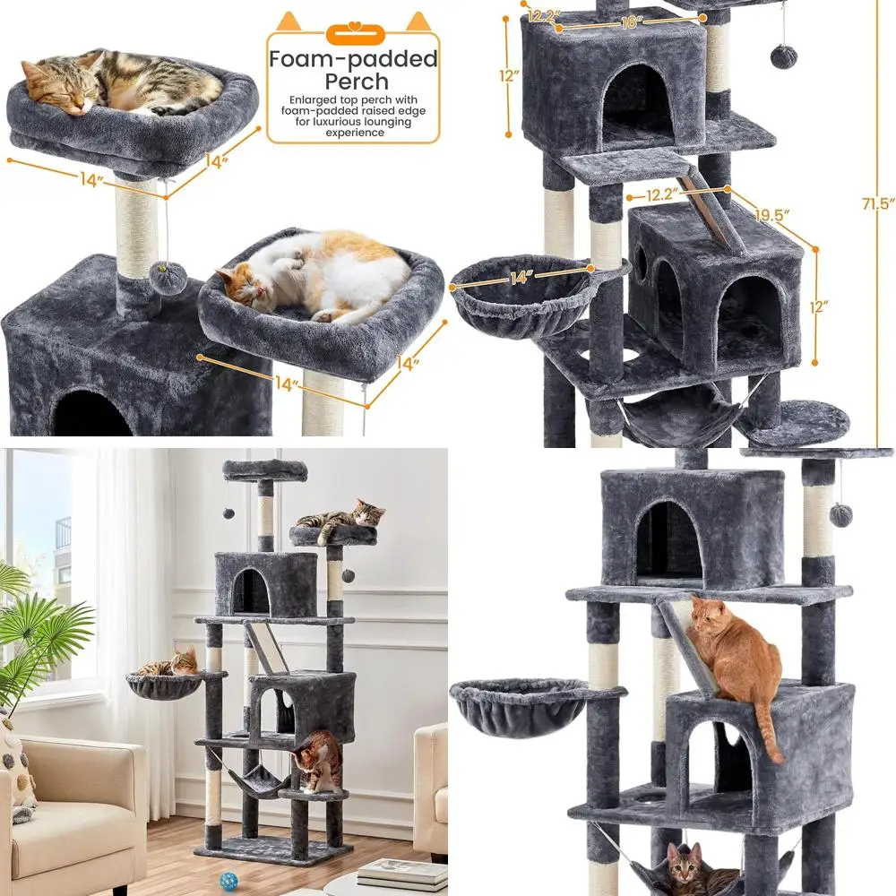 Indoor 71.5 Cat Tower with 2 Condos, Padded Perches, Scratching Posts, Ramp, and Hammock - Dark Gray
Indoor 71.5 Cat Tower with 2 Condos, Padded Perches, Scratching Posts, Ramp, and Hammock - Dark Gray