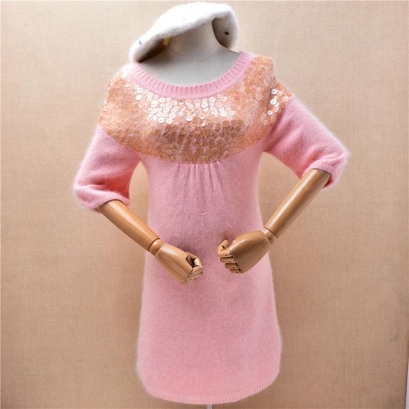 Ladies Women Autumn Winter Clothing Hairy Angora Fur Pink Sequins Half Sleeves Slim Medium Long Sweater Jumper Dress Pull Tops
Ladies Women Autumn Winter Clothing Hairy Angora Fur Pink Sequins Half Sleeves Slim Medium Long Sweater Jumper Dress Pull Tops
