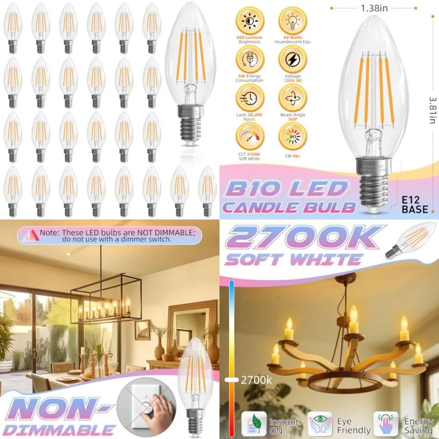 Candelabra Light Bulbs, 6W Equivalent to 60 watt, E12 LED Bulb Non-Dimmable 2700K, B10 LED Candle Bulbs, Chandelier Light Bulbs
Candelabra Light Bulbs, 6W Equivalent to 60 watt, E12 LED Bulb Non-Dimmable 2700K, B10 LED Candle Bulbs, Chandelier Light Bulbs
