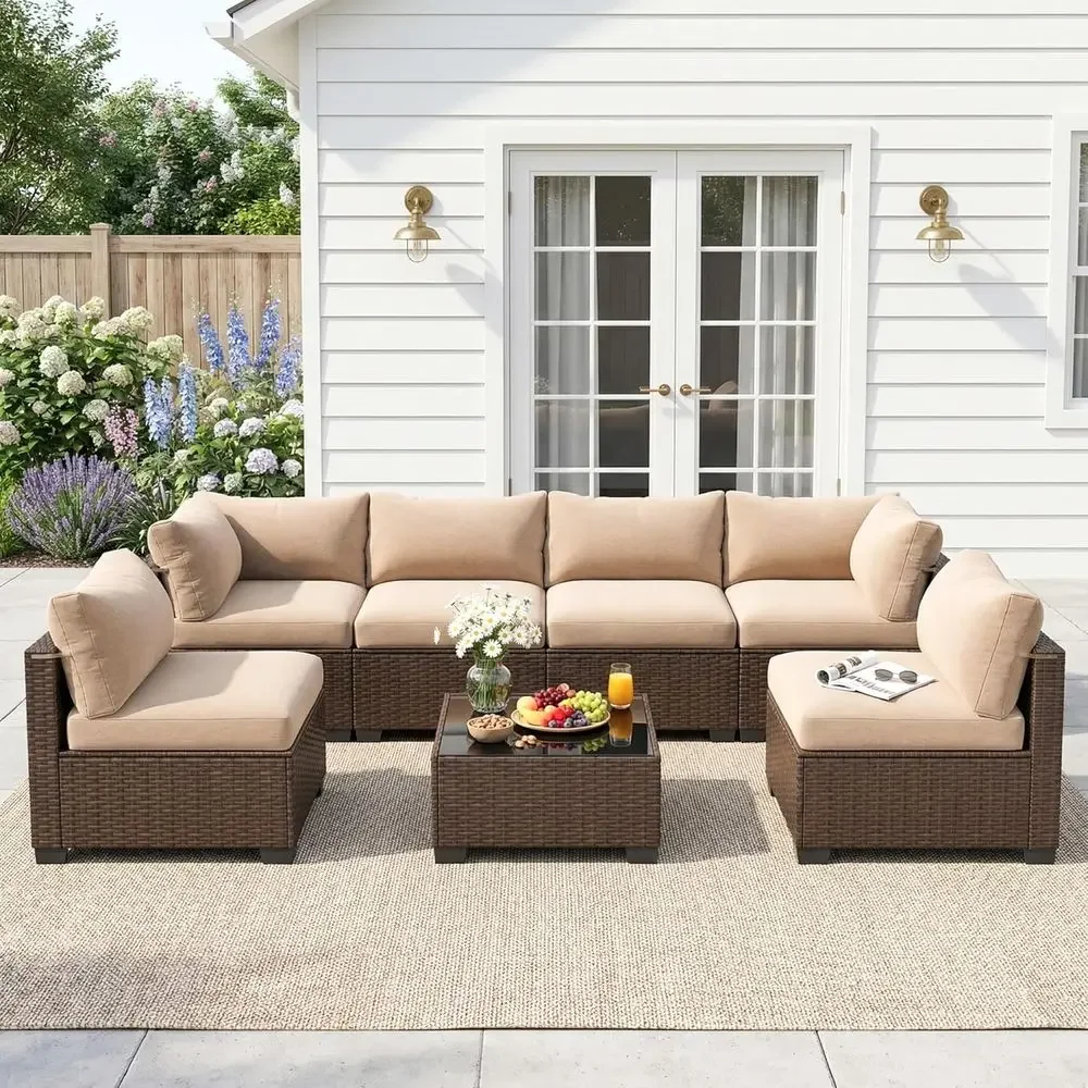 7-Piece Outdoor Sectional Sofa Set with Coffee Table and Cushions, Perfect for Backyard, Poolside, or Garden (Brown-Camel)
7-Piece Outdoor Sectional Sofa Set with Coffee Table and Cushions, Perfect for Backyard, Poolside, or Garden (Brown-Camel)