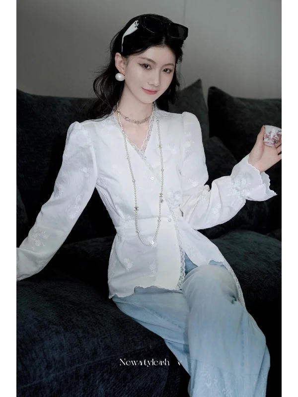 Women's Lace Collar Bubble Sve irt Slim Fit V Ne Belted Waist Spring Summer Sle Polyester Fiber Long Sve Top
Women's Lace Collar Bubble Sve irt Slim Fit V Ne Belted Waist Spring Summer Sle Polyester Fiber Long Sve Top