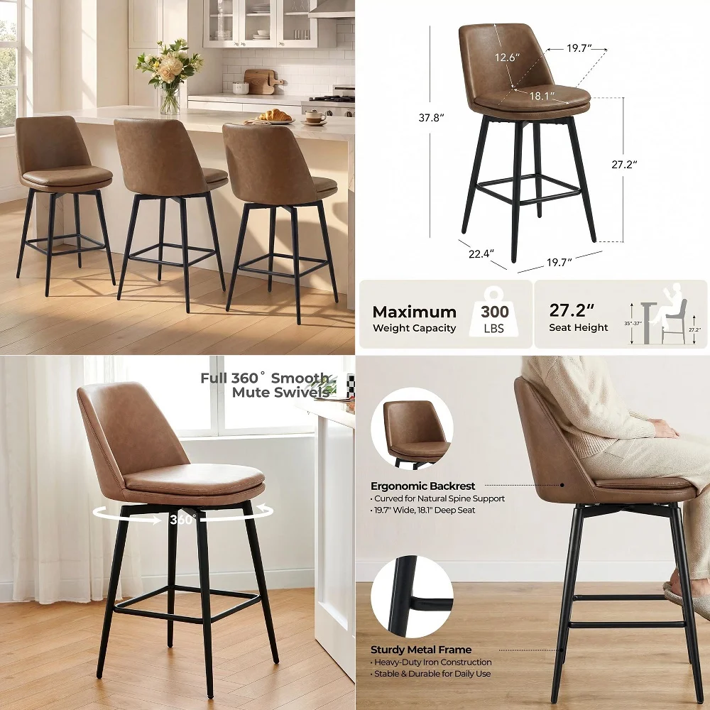 Swivel Bar Stools, 27.2 Counter Height Bar Stools Set of 3, FSC Certified Upholstered Modern Counter Stools, Metal Legs, Faux L
Swivel Bar Stools, 27.2 Counter Height Bar Stools Set of 3, FSC Certified Upholstered Modern Counter Stools, Metal Legs, Faux L