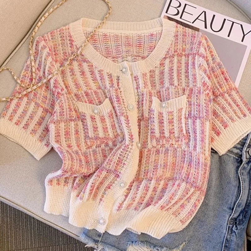 Vintage Chic Button Summer Thin Knitted Tops Women's Elegant Slim Short Sleeve O-neck Single Breasted Pockets Cardigan
Vintage Chic Button Summer Thin Knitted Tops Women's Elegant Slim Short Sleeve O-neck Single Breasted Pockets Cardigan