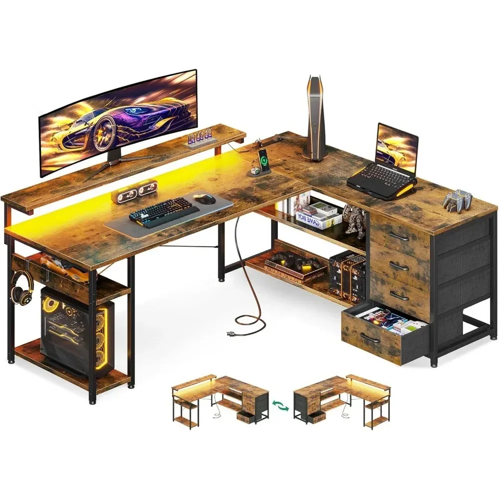 61" L Shaped Desk with Drawer, Computer Desk with Power Outlets & LED Lights, Reversible Corner Gaming Desk
61" L Shaped Desk with Drawer, Computer Desk with Power Outlets & LED Lights, Reversible Corner Gaming Desk
