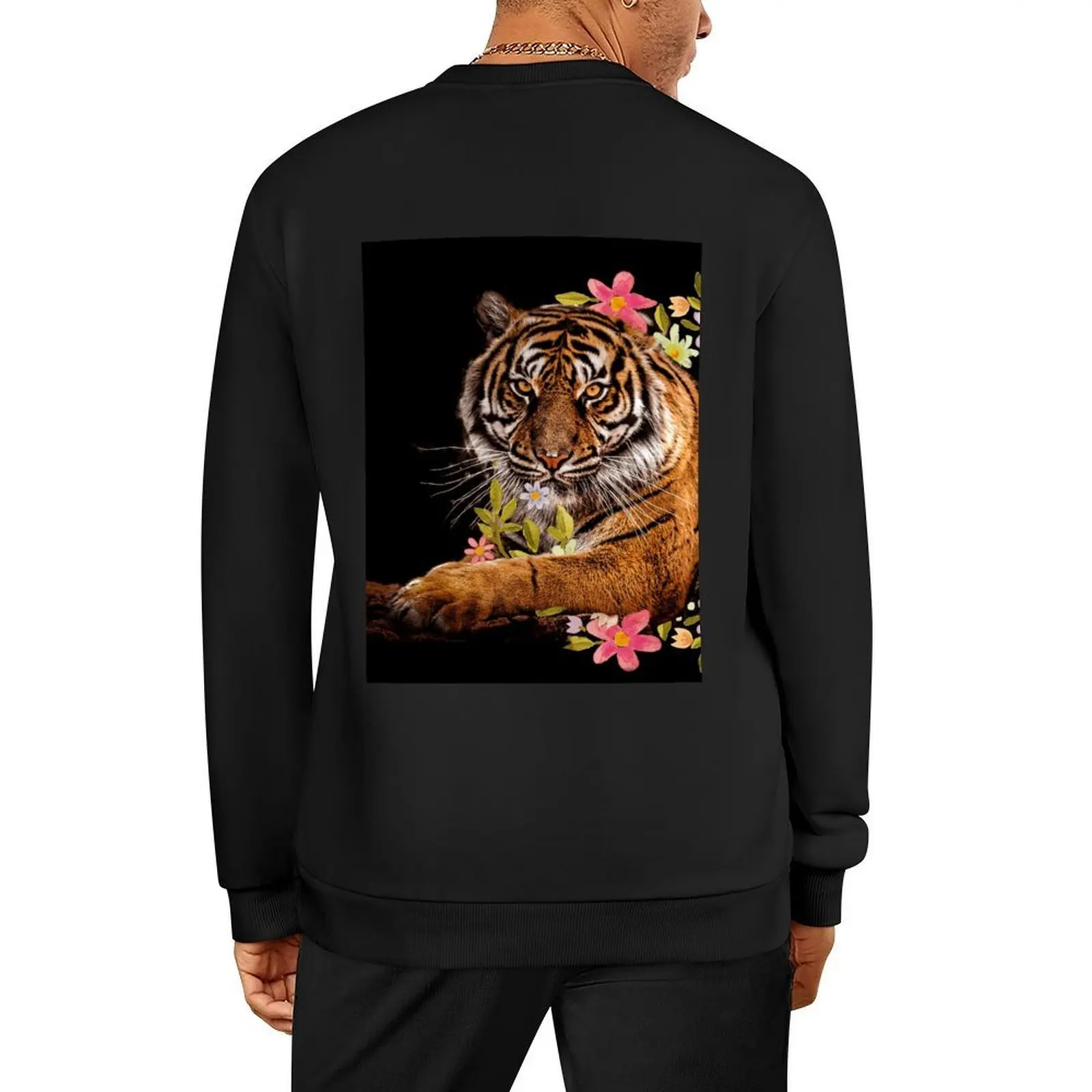 Fierce Bengal tiger seated in a ring of pink and purple beautiful flowers Pullover korean clothes oversize sweatshirts 
Fierce Bengal tiger seated in a ring of pink and purple beautiful flowers Pullover korean clothes oversize sweatshirts