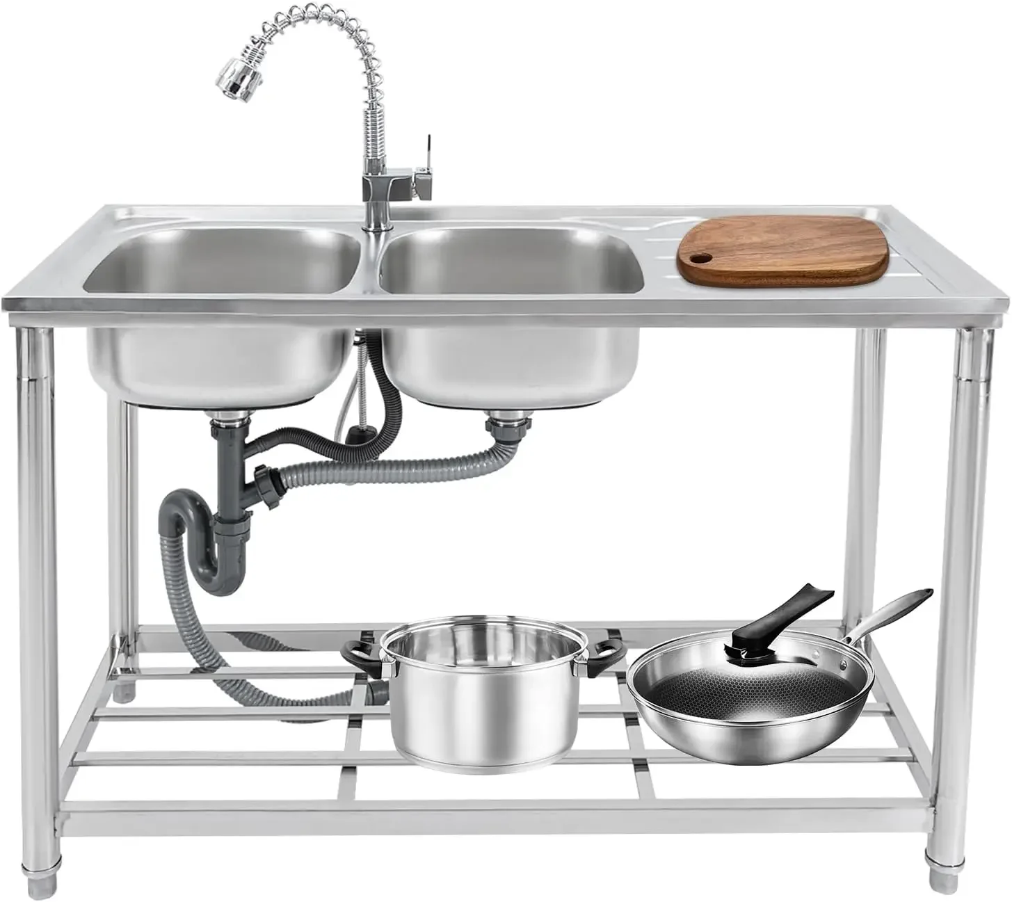 Freestanding Stainless Steel Sink with Double Basin, The Sink Has a Worktop and Shelves, Including a 360 Degree Pull Out Tap
Freestanding Stainless Steel Sink with Double Basin, The Sink Has a Worktop and Shelves, Including a 360 Degree Pull Out Tap