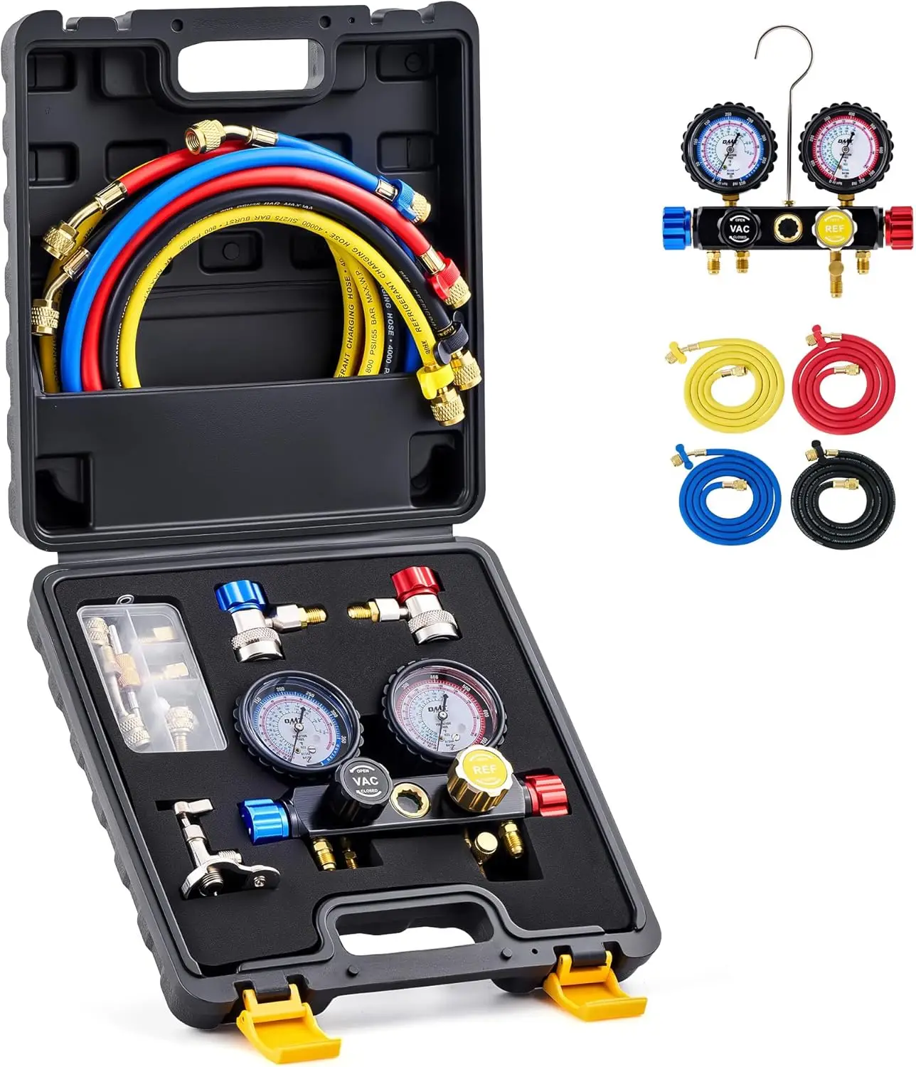 4-Way AC Gauge Set for R410a R22 R134a Refrigerant, Automotive Manifold with Hoses and Adapters
4-Way AC Gauge Set for R410a R22 R134a Refrigerant, Automotive Manifold with Hoses and Adapters
