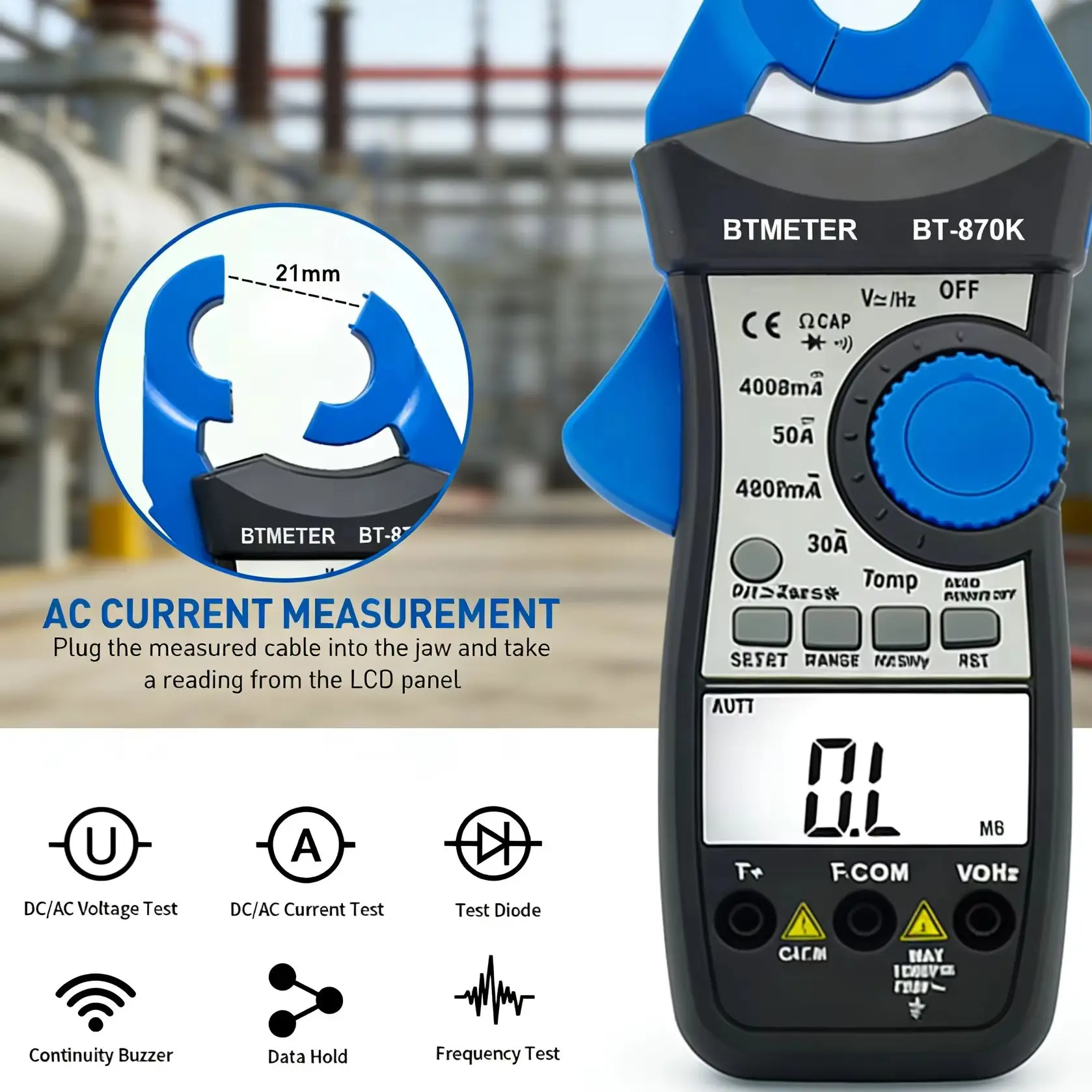 Automatic range AC/DC clamp multimeter AC&DC voltage,AC&DC current resistance,frequency,apacitance,on-off testing 870-K
Automatic range AC/DC clamp multimeter AC&DC voltage,AC&DC current resistance,frequency,apacitance,on-off testing 870-K
