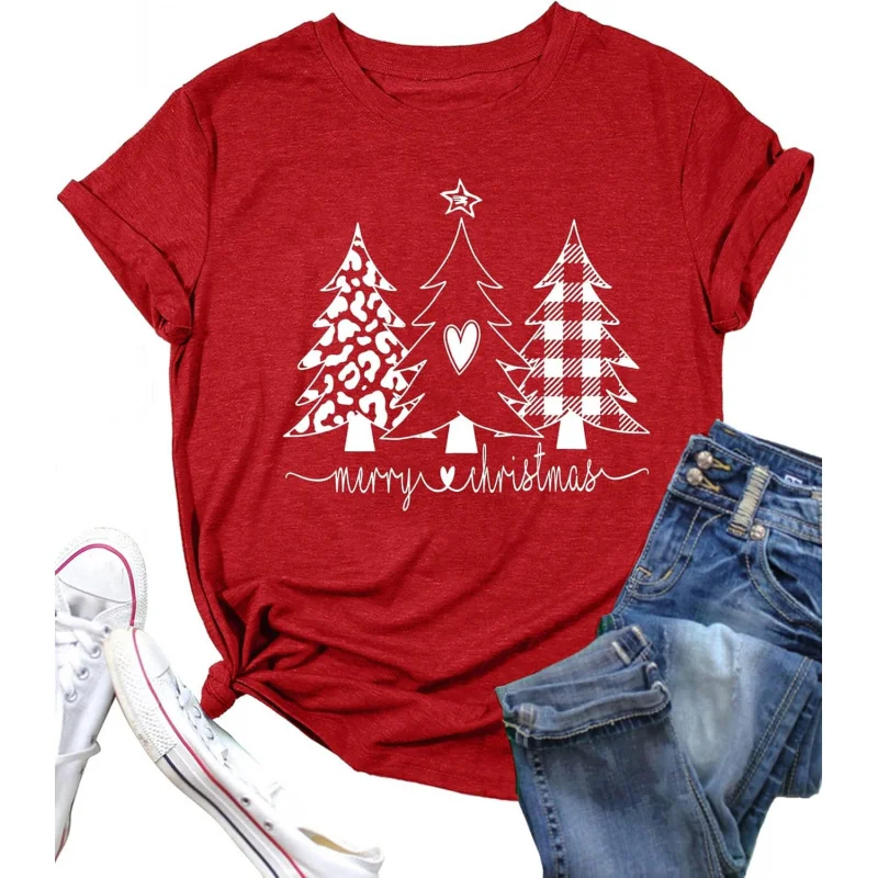 Women's plus size Christmas tree print design classic round neck T-shirt loose holiday versatile gift short sleeved top
Women's plus size Christmas tree print design classic round neck T-shirt loose holiday versatile gift short sleeved top