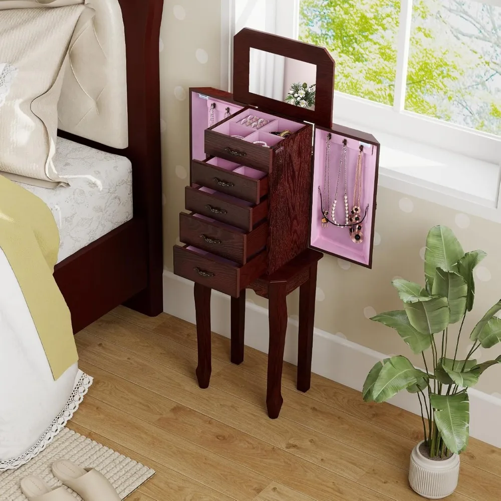 Standing Jewelry Armoire with Flip Top Mirror, Top Storage Tray, 4 Drawers, 2 Side Doors with Necklace Hooks
Standing Jewelry Armoire with Flip Top Mirror, Top Storage Tray, 4 Drawers, 2 Side Doors with Necklace Hooks