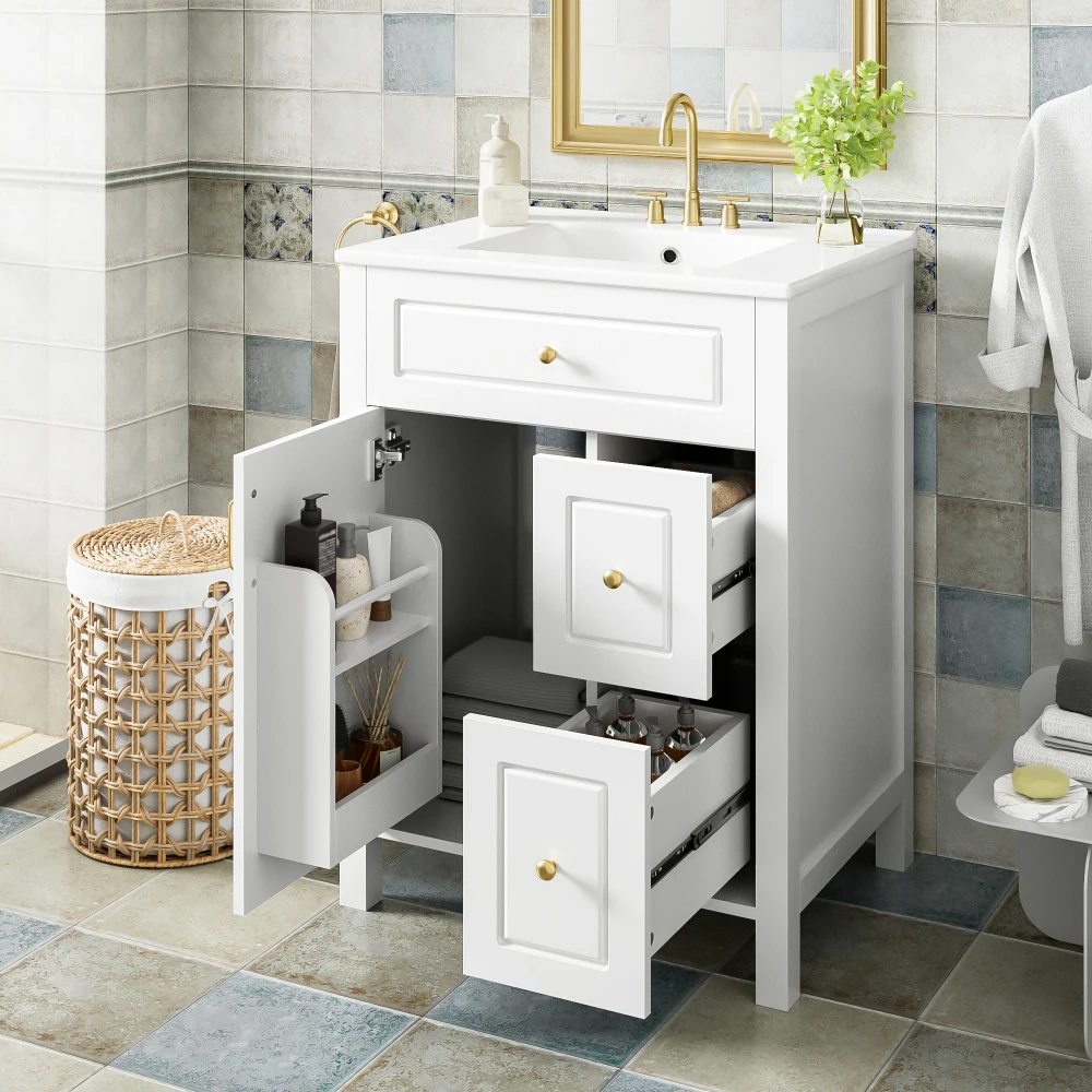 24-Inch Bathroom Vanity with Ceramic Sink, 1 Soft Close Door, 2 Soft Close Drawers, and Double Storage Racks on the Door
24-Inch Bathroom Vanity with Ceramic Sink, 1 Soft Close Door, 2 Soft Close Drawers, and Double Storage Racks on the Door