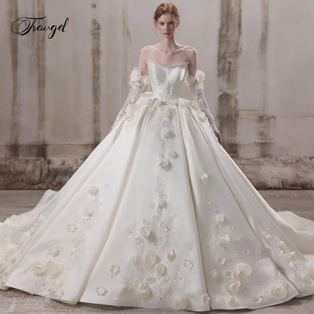 Traugel Elegant Strapless Crystal Long Sleeve Satin Ball Gown Wedding Dresses Appliques Beaded Chapel Train Princess Bridal Gown
Traugel Elegant Strapless Crystal Long Sleeve Satin Ball Gown Wedding Dresses Appliques Beaded Chapel Train Princess Bridal Gown