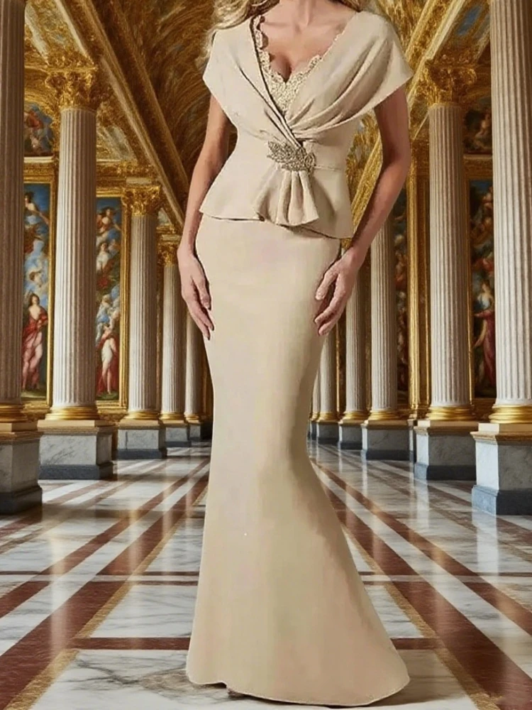 Elegant Long Mermaid Mother Of The Bride Dresses Champagne V-Neck Short Sleeves Satin Wedding Party Gowns Evening Dress
Elegant Long Mermaid Mother Of The Bride Dresses Champagne V-Neck Short Sleeves Satin Wedding Party Gowns Evening Dress