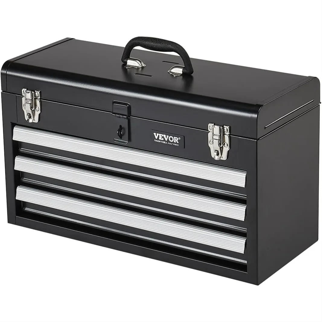 Portable Metal Tool Box with 3 Drawers, 20.5-Inch Steel Tool Chest with Auto-Locking, Ball Bearing Slides, EVA Liners, Powder