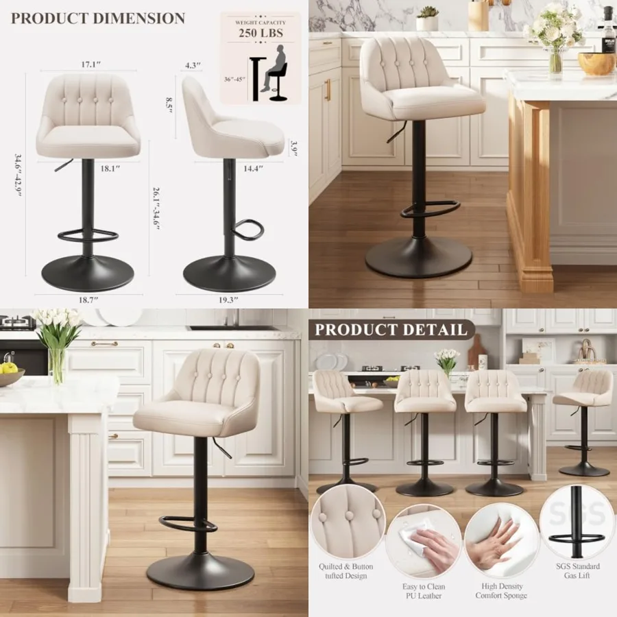 Bar Stools, Chairs, Modern Adjustable PU Leather Upholstered Barstools Counter Height with Tufted Back for Bar, Kitchen Counter
Bar Stools, Chairs, Modern Adjustable PU Leather Upholstered Barstools Counter Height with Tufted Back for Bar, Kitchen Counter