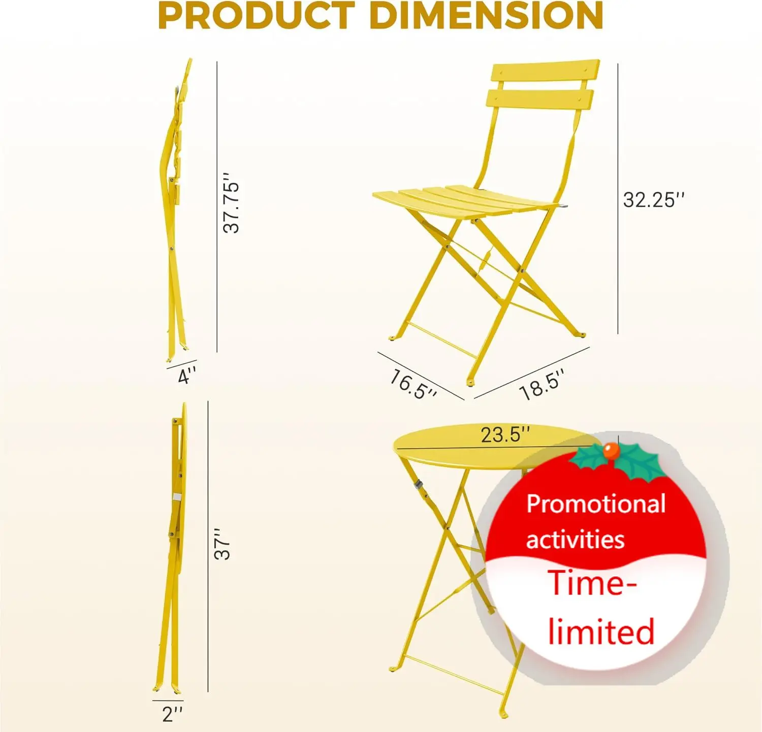 3-Piece Folding Bistro Set, 2 Chairs and 1 Table, Weather-Resistant Outdoor/Indoor Conversation Set for Patio, Yard, Garden-Yell
3-Piece Folding Bistro Set, 2 Chairs and 1 Table, Weather-Resistant Outdoor/Indoor Conversation Set for Patio, Yard, Garden-Yell