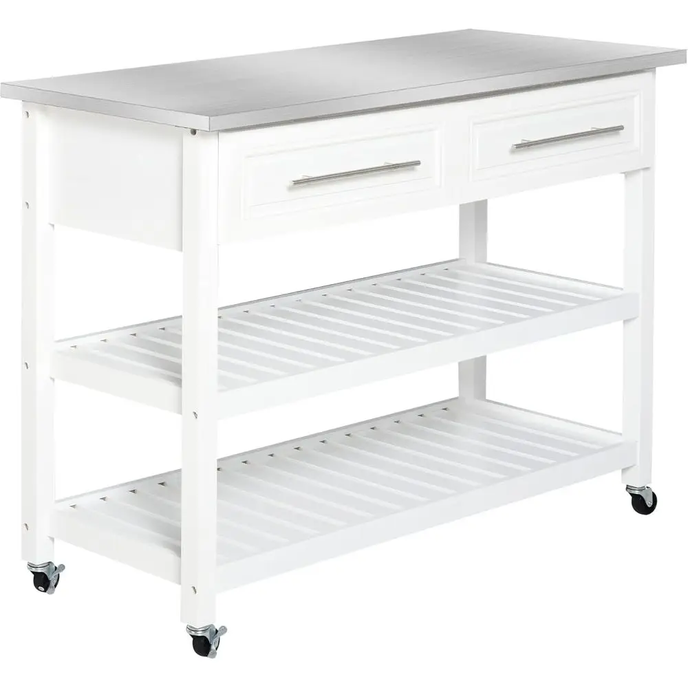 Stainless Steel Top Traditional Kitchen Island with Storage and 2-Tier Butcher Block Cart
Stainless Steel Top Traditional Kitchen Island with Storage and 2-Tier Butcher Block Cart