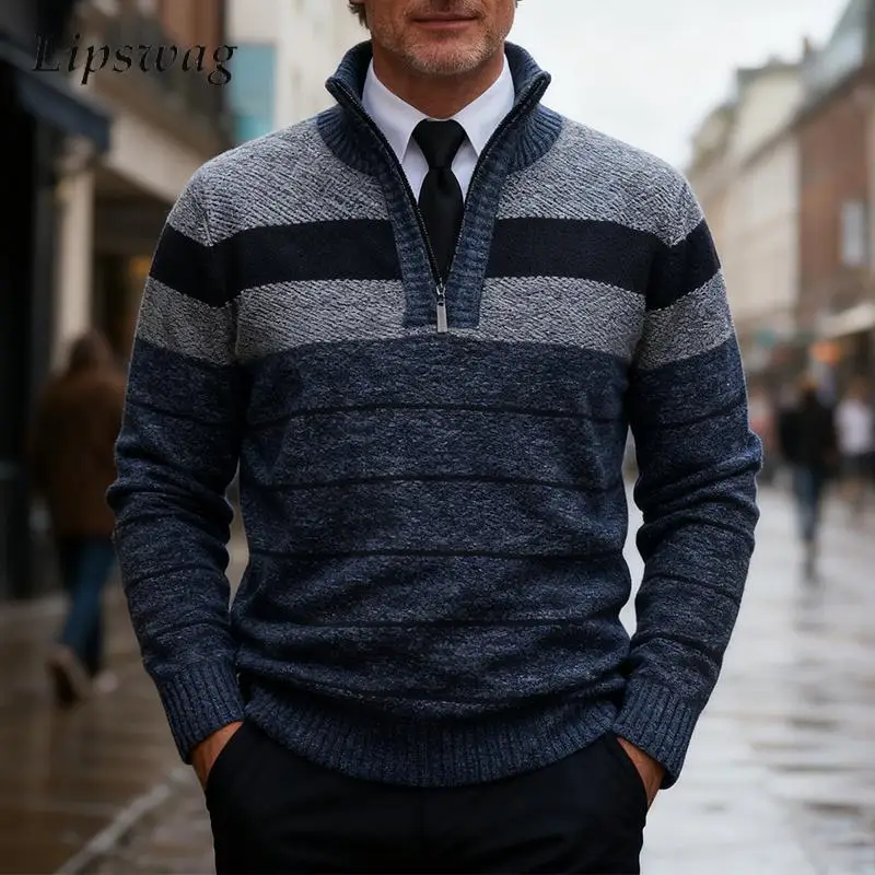 Осень-зима, деловой офисный мужской свитер, винтажные полосатые вязаные свитера, повседневные мужские джемперы с длинным рукавом на молнии и воротником-стойкой
Осень-зима, деловой офисный мужской свитер, винтажные полосатые вязаные свитера, повседневные мужские джемперы с длинным рукавом на молнии и воротником-стойкой