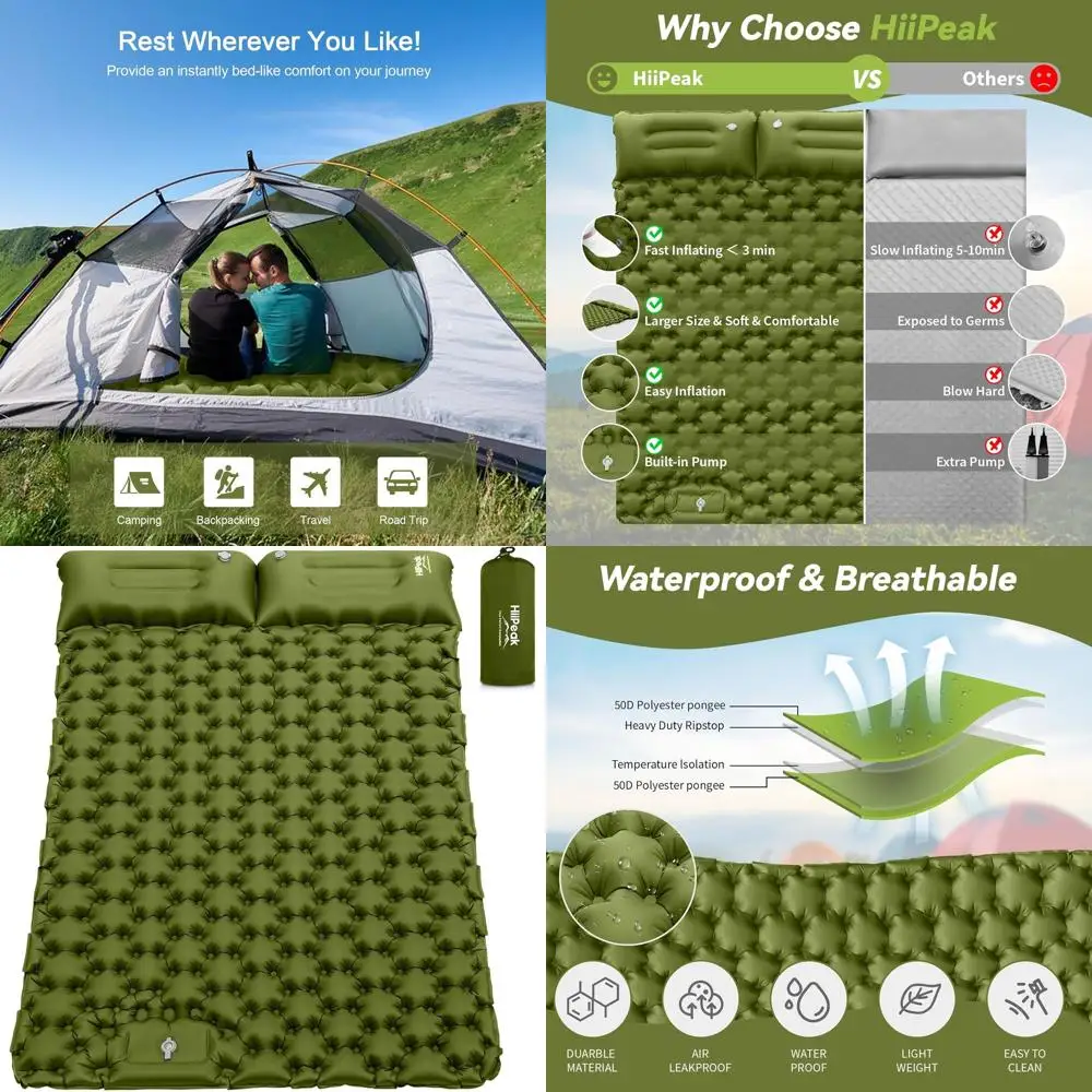 Double Sleng Pad - Sel Iating 3" Extra-Thick or 2 Person with Pillow Built-in oot Pump Iatable Sleng Mat or Backpacking, Hiking,
Double Sleng Pad - Sel Iating 3" Extra-Thick or 2 Person with Pillow Built-in oot Pump Iatable Sleng Mat or Backpacking, Hiking,