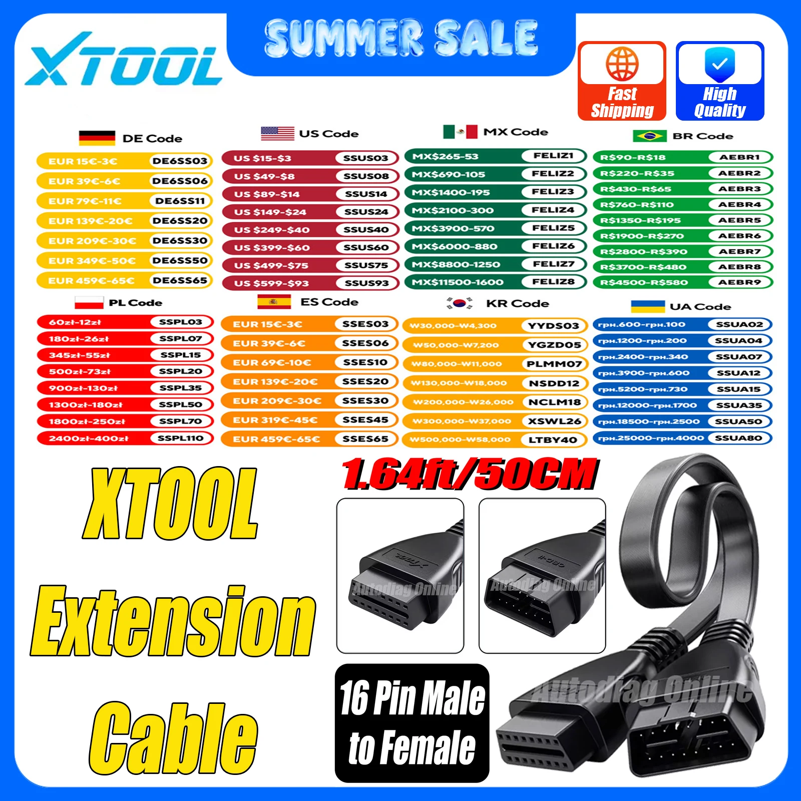XTOOL Extension Cable For A30/A30D/A30M/A30X OBD2 Scanner Connector Cable 16Pin Male To Female For D7,D8/BT,D9/Pro,IP616,IP819
XTOOL Extension Cable For A30/A30D/A30M/A30X OBD2 Scanner Connector Cable 16Pin Male To Female For D7,D8/BT,D9/Pro,IP616,IP819