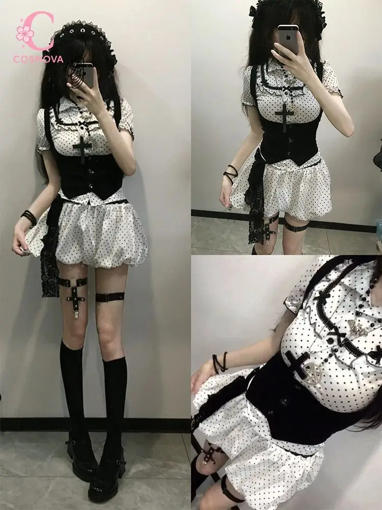 Gothic Lolita Sweet Jirai Kei 3 Piece Set Women Polkadot Puff Sleeve Corset Lace Trim Bowknot Cross Charm Skirt Harajuku Fashion
Gothic Lolita Sweet Jirai Kei 3 Piece Set Women Polkadot Puff Sleeve Corset Lace Trim Bowknot Cross Charm Skirt Harajuku Fashion