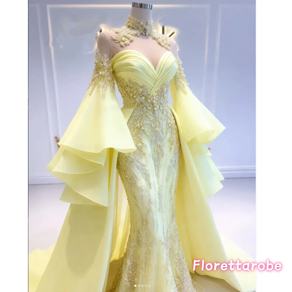 Customized Designer Yellow Sexy High-Neck Prom Dress Luxury Long Sleeves Appliques Sequins Beaded Long Evening Dresses
Customized Designer Yellow Sexy High-Neck Prom Dress Luxury Long Sleeves Appliques Sequins Beaded Long Evening Dresses