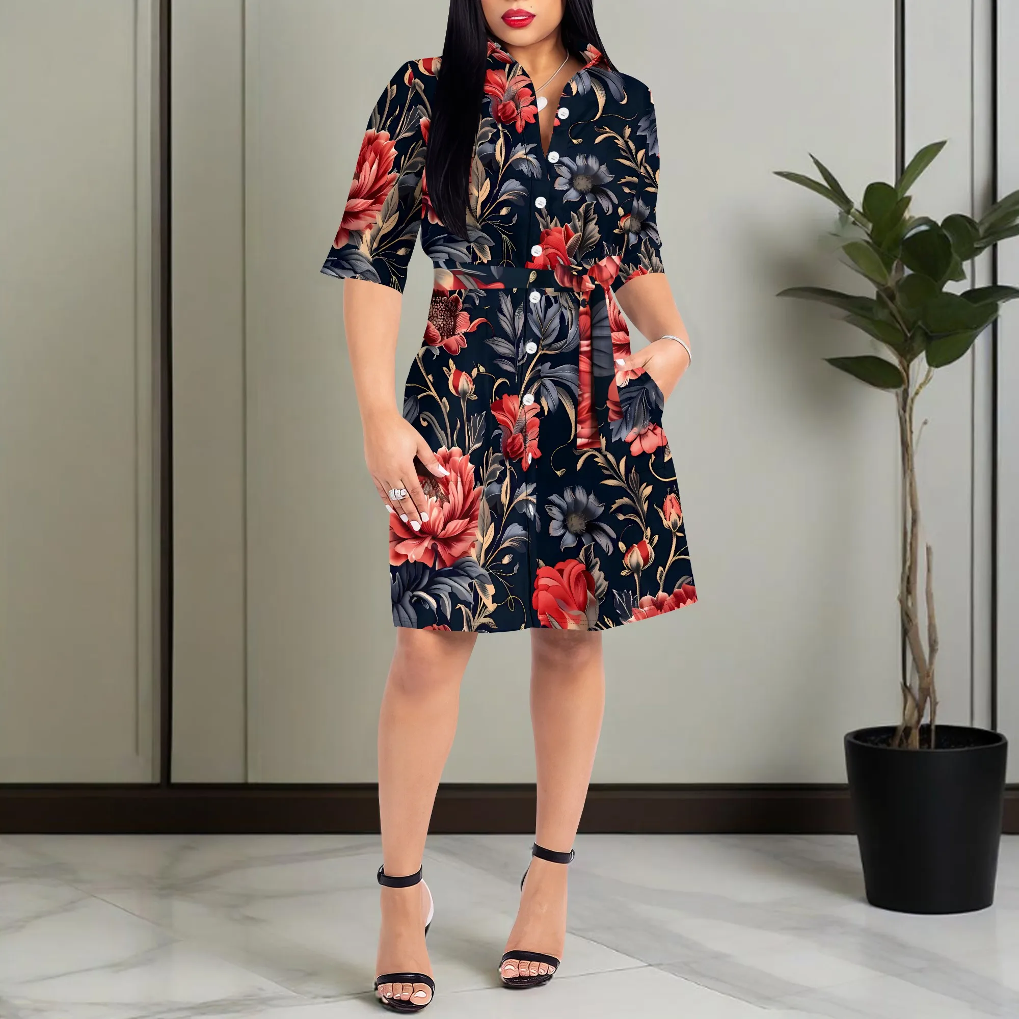 Nupusa Floral Print Dress for Women Summer Casual Shirt Collar Half Sleeve Belted Dress
Nupusa Floral Print Dress for Women Summer Casual Shirt Collar Half Sleeve Belted Dress