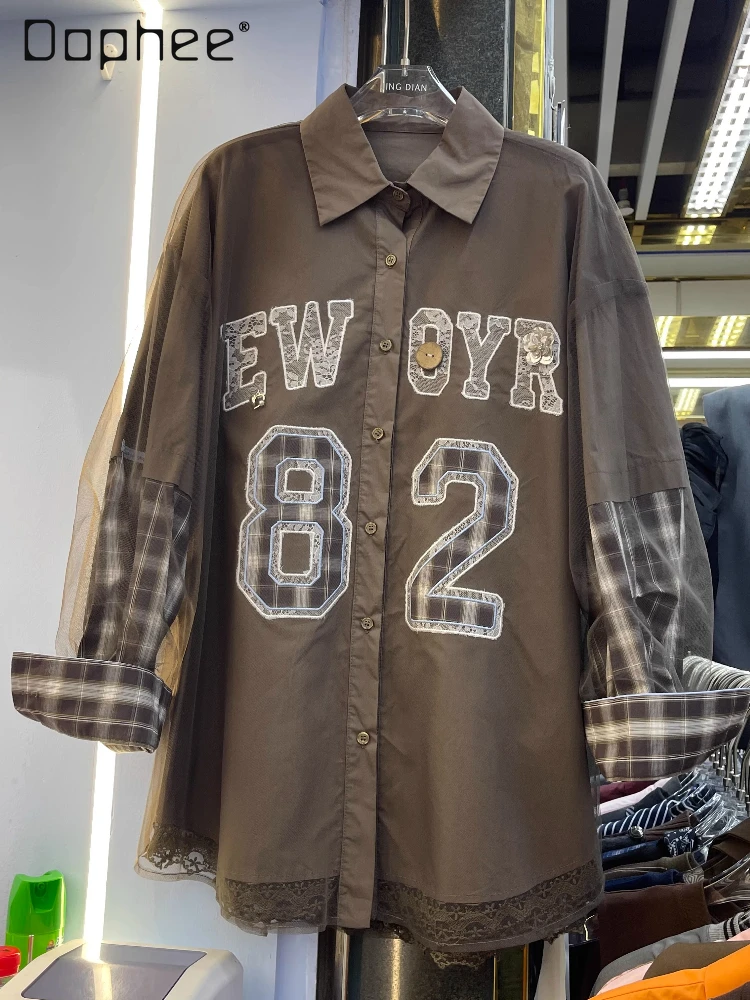 Plaid Shirt Women 2025 Spring Autumn Long Sleeve Shirt Women's Clothing Mesh Splicing Letter Number Turn-down Collar Top
Plaid Shirt Women 2025 Spring Autumn Long Sleeve Shirt Women's Clothing Mesh Splicing Letter Number Turn-down Collar Top