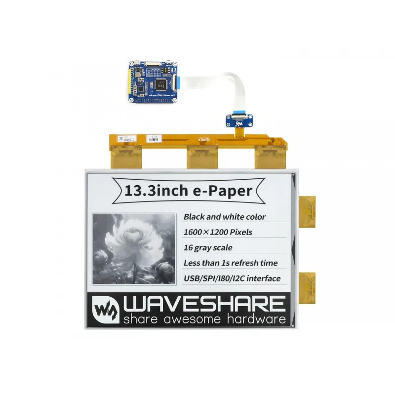 Waveshare 13.3inch e-Paper e-Ink Display HAT For Raspberry Pi, 1600×1200, Black / White, 16 Grey Scales, USB / SPI / I80
Waveshare 13.3inch e-Paper e-Ink Display HAT For Raspberry Pi, 1600×1200, Black / White, 16 Grey Scales, USB / SPI / I80