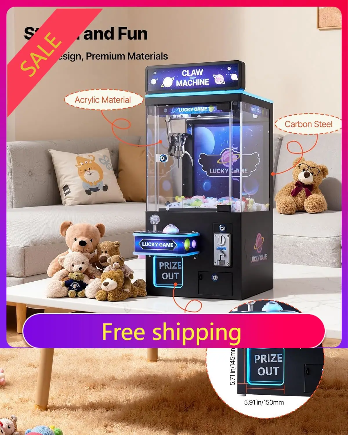 VEVOR Claw Crane Machine, Medium-Sized Arcade Game Machine with Light & Sound, Adjustable Steel Claws, Precise Toy Candy Grabber
VEVOR Claw Crane Machine, Medium-Sized Arcade Game Machine with Light & Sound, Adjustable Steel Claws, Precise Toy Candy Grabber