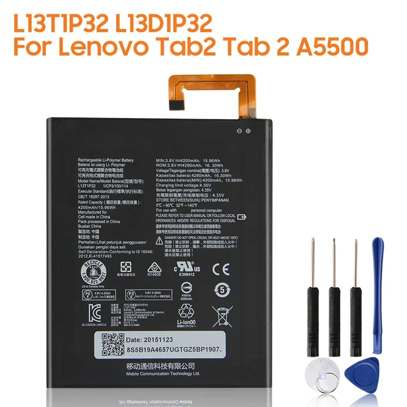 Сменный аккумулятор L13D1P32 L13T1P32 для Lenovo Tab 2 A5500 S8-50F/L A8-50F/LC, новые аккумуляторные батареи 4290 мАч, высокая емкость
Сменный аккумулятор L13D1P32 L13T1P32 для Lenovo Tab 2 A5500 S8-50F/L A8-50F/LC, новые аккумуляторные батареи 4290 мАч, высокая емкость