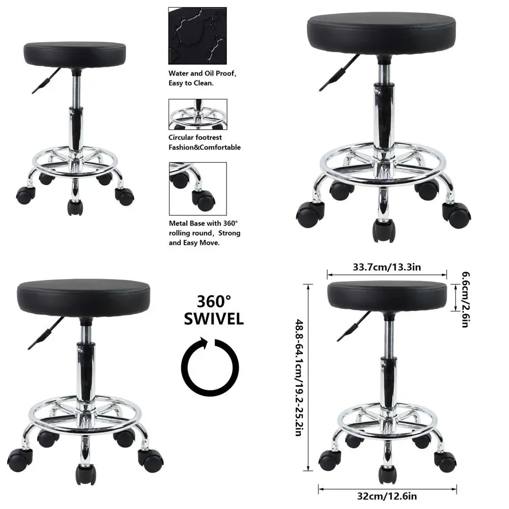 Black Adjustable Height Swivel PU Leather Round Stool with Footrest for Spa, Tattoo, Office, and Massage Chairs
Black Adjustable Height Swivel PU Leather Round Stool with Footrest for Spa, Tattoo, Office, and Massage Chairs