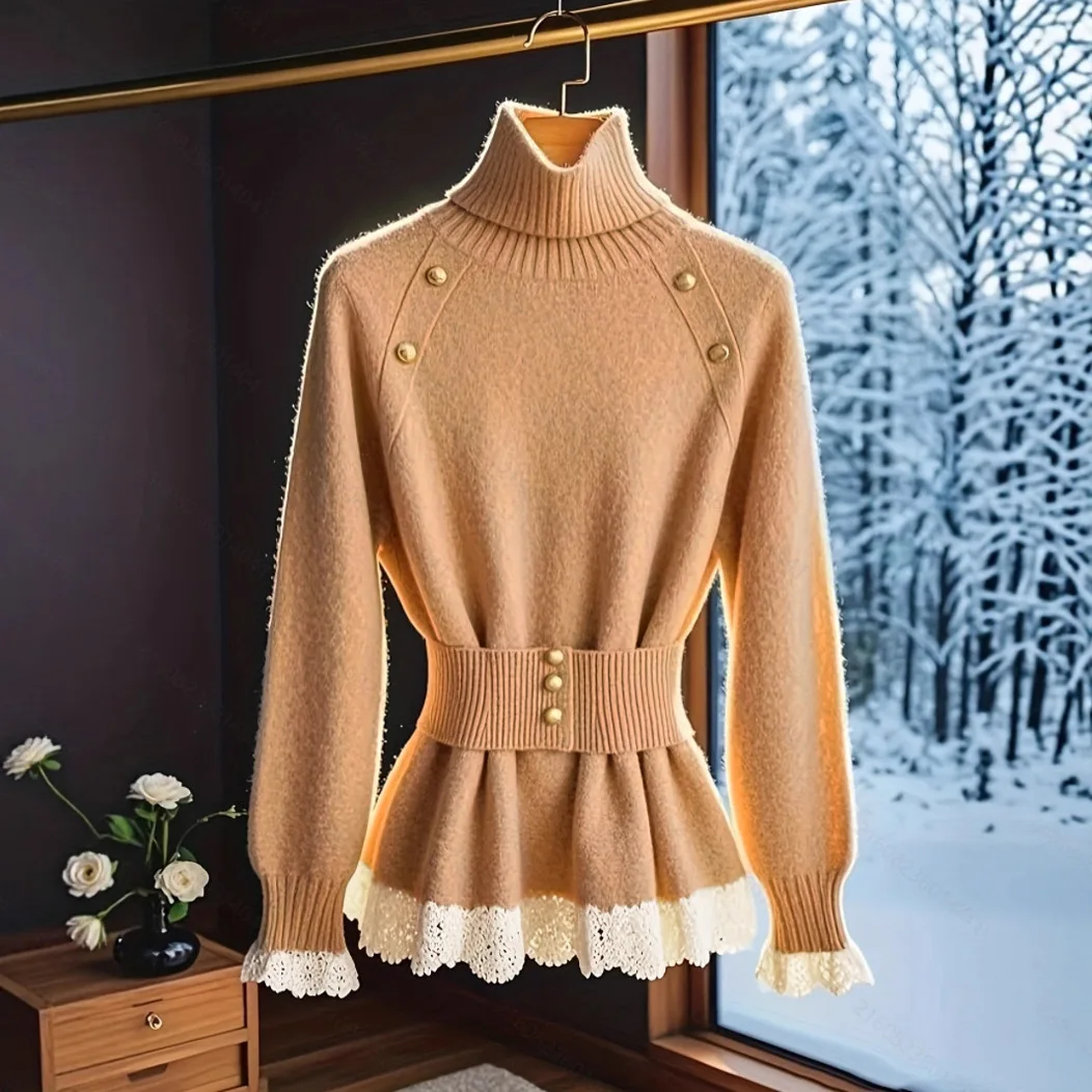 Autumn/Winter New Fashionable Lapel Warm Women's Sweater Elegant Lace Patchwork Belt Knitted Top
Autumn/Winter New Fashionable Lapel Warm Women's Sweater Elegant Lace Patchwork Belt Knitted Top
