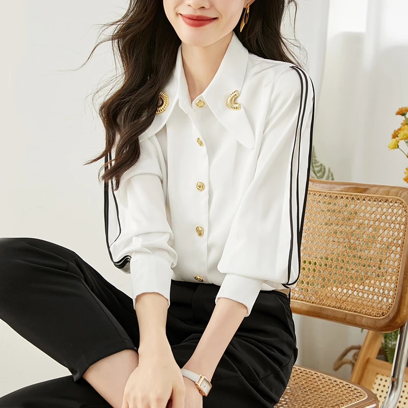Women Shirt Long Sleeve Lapel Button Stripe Spliced Loose Casual White Tops Blouse Spring Autumn Elegant Offce Lady Blouse C2155
Women Shirt Long Sleeve Lapel Button Stripe Spliced Loose Casual White Tops Blouse Spring Autumn Elegant Offce Lady Blouse C2155