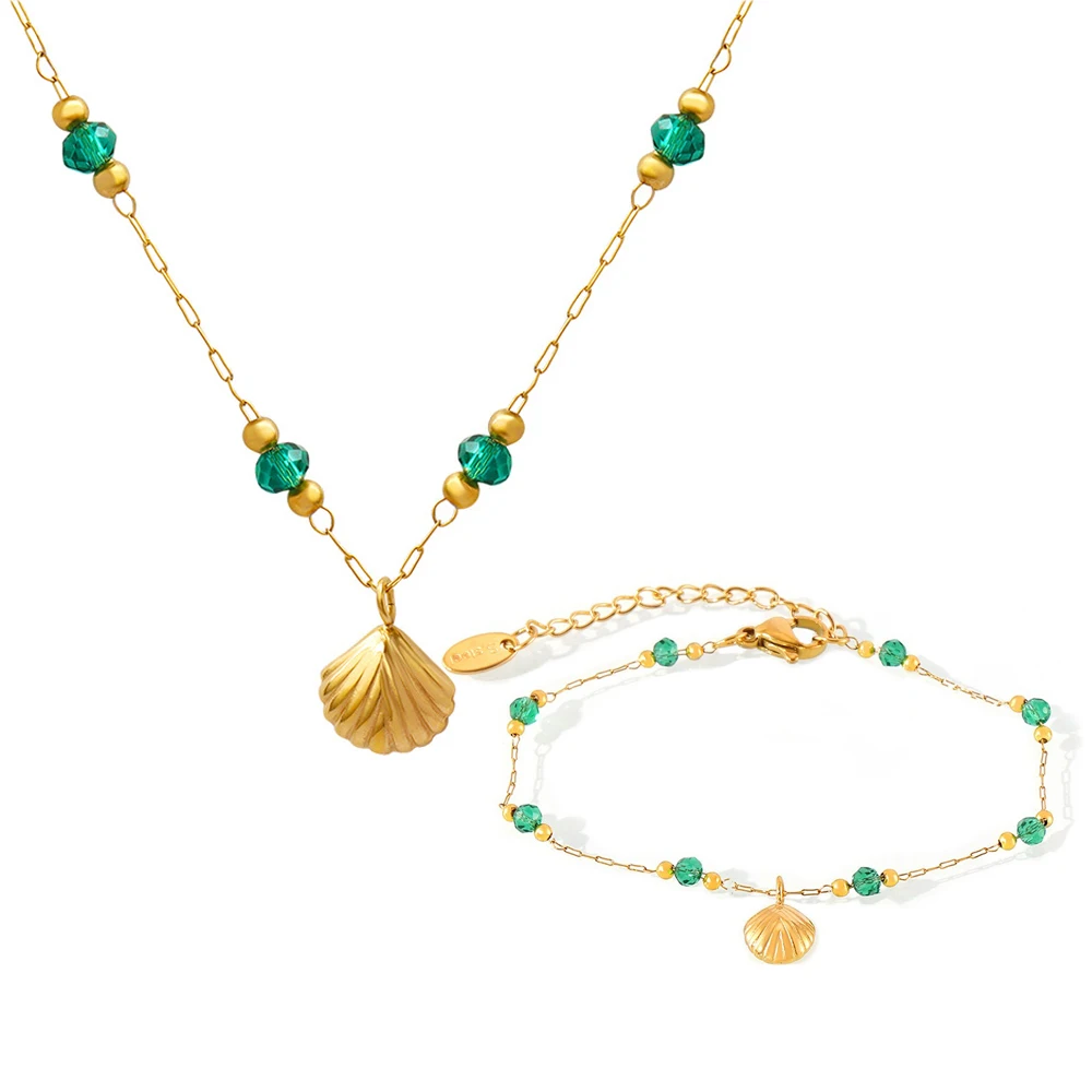 CCFJOYAS Stainless Steel Scallop Green Crystal Bead Necklace Bracelet Set for Women Vintage Fashion Party Jewelry Gift Wholesale
CCFJOYAS Stainless Steel Scallop Green Crystal Bead Necklace Bracelet Set for Women Vintage Fashion Party Jewelry Gift Wholesale