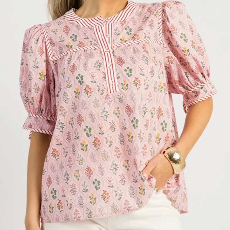 Combhasaki Women Summer Boho Short Puff Sleeve Shirts Button-up Round Neck Striped Floral Print Contrast Color Loose Blouses Top
Combhasaki Women Summer Boho Short Puff Sleeve Shirts Button-up Round Neck Striped Floral Print Contrast Color Loose Blouses Top
