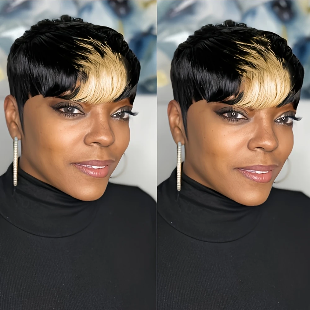 Pixie Cut Straight Human Hair Wig for Women 1B/613# Colored Full Machine Made Wig Short Layered Straight Wig with Bangs
Pixie Cut Straight Human Hair Wig for Women 1B/613# Colored Full Machine Made Wig Short Layered Straight Wig with Bangs